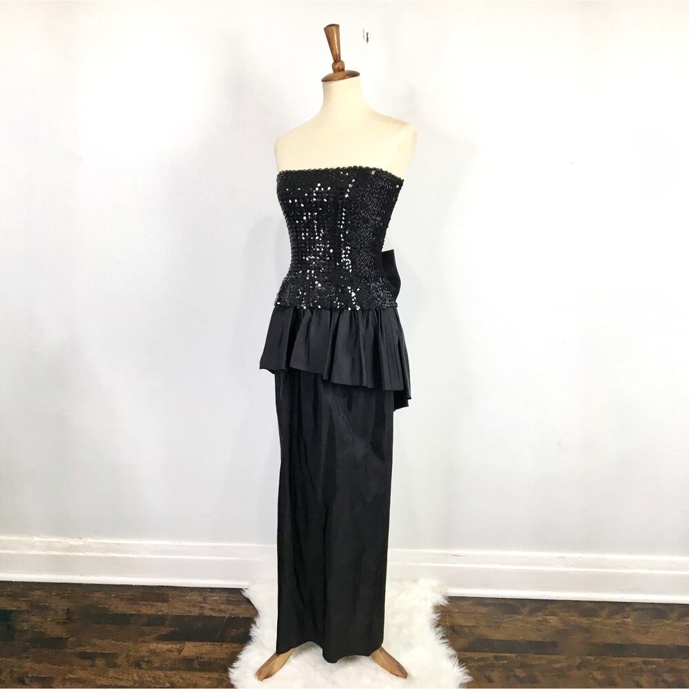 Vintage 80s Flirtations strapless black sequin dress oversized bow gown Size 5/6